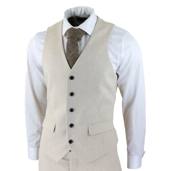 Mens Wool 3 Piece Cream Beige Suit Slim Fit Classic Wedding Party Vintage 1920s