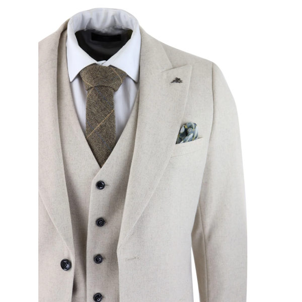 Mens Wool 3 Piece Cream Beige Suit Slim Fit Classic Wedding Party Vintage 1920s