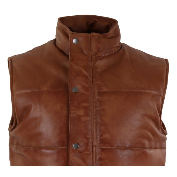 Mens Real Leather Waistcoat Gilet Quilted Puffer Design Warm Zip Casual Tan