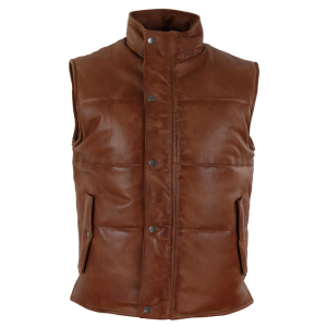 Mens Real Leather Waistcoat Gilet Quilted Puffer Design Warm Zip Casual Tan