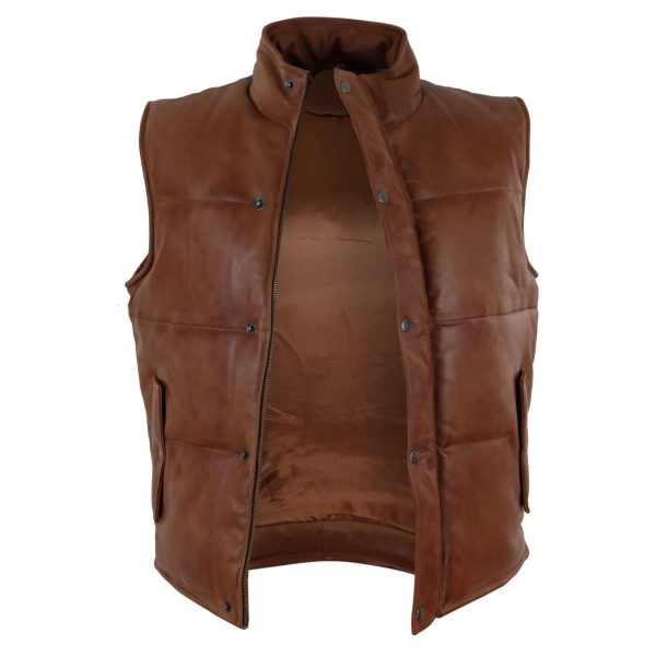 Mens Real Leather Waistcoat Gilet Quilted Puffer Design Warm Zip Casual Tan