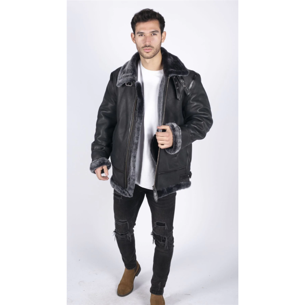 Mens Genuine Sheepskin Leather B3 Flying Aviator Jacket Black Grey Fur