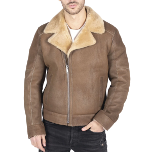 Mens Genuine Sheepskin Leather Cross Zip Flying Aviator Jacket Camel Brown Fur