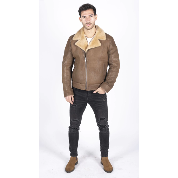 Mens Genuine Sheepskin Leather Cross Zip Flying Aviator Jacket Camel Brown Fur