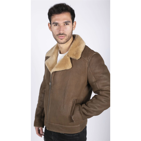 Mens Genuine Sheepskin Leather Cross Zip Flying Aviator Jacket Camel Brown Fur