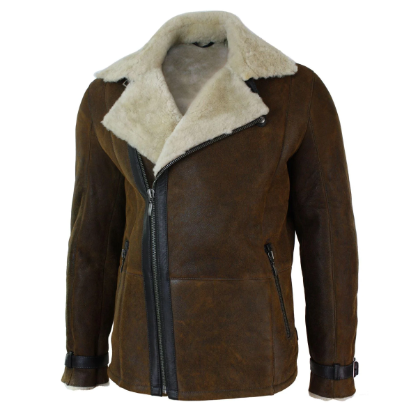 Mens Winter Real Sherling Vintage Sheepskin Tan Brown Fitted Jacket Cross Zip