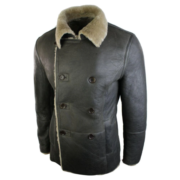 Mens Real Shearling German Navy Sheepskin Double Breasted Jacket Vintage Brown