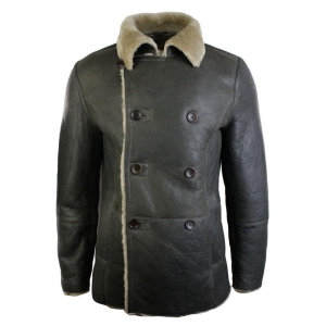 Mens Real Shearling German Navy Sheepskin Double Breasted Jacket Vintage Brown