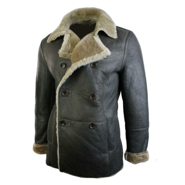 Mens Real Shearling German Navy Sheepskin Double Breasted Jacket Vintage Brown