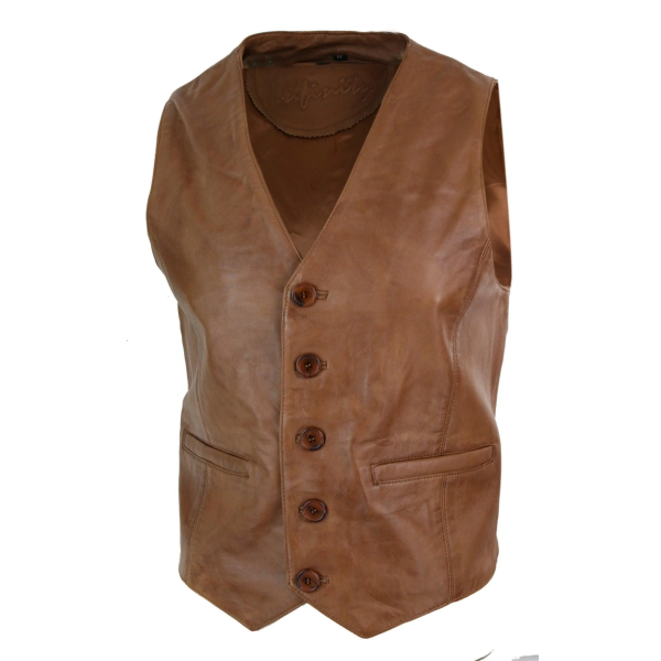 Infinity 153 Napa - Mens Real Leather Gilet Waistcoat Classic Vintage Retro Camel