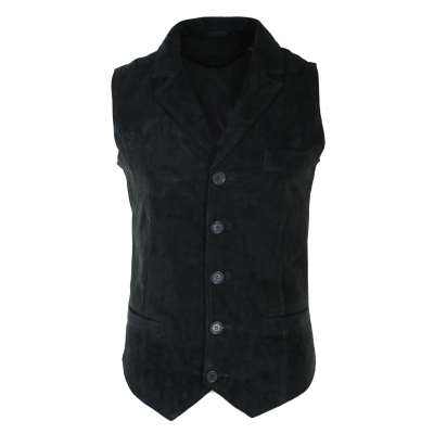 Mens Real Suede Leather Black Smart Casual Gilet Waistcoat Vintage Retro