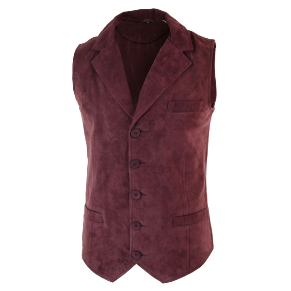 Mens Real Suede Leather Burgundy Smart Casual Gilet Waistcoat Vintage Retro