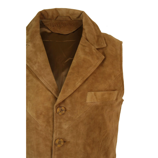 Mens Real Suede Leather Tan Brown Smart Casual Gilet Waistcoat Vintage Retro