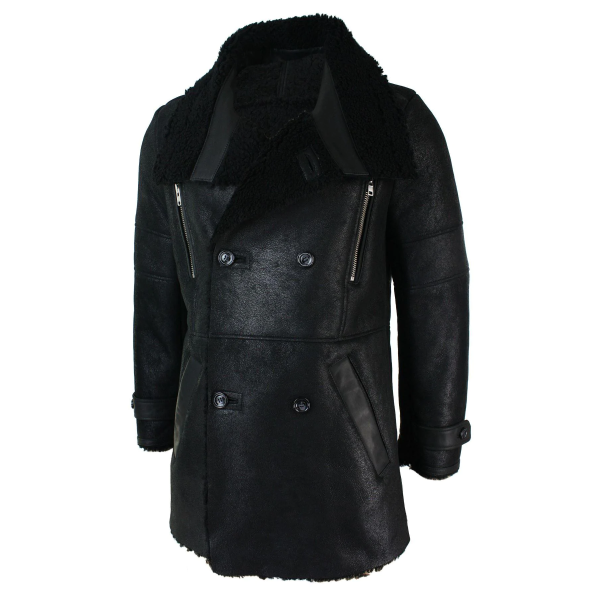 Mens Black 3/4 Military Real Sherling Sheepskin Batman Bane Double Breasted