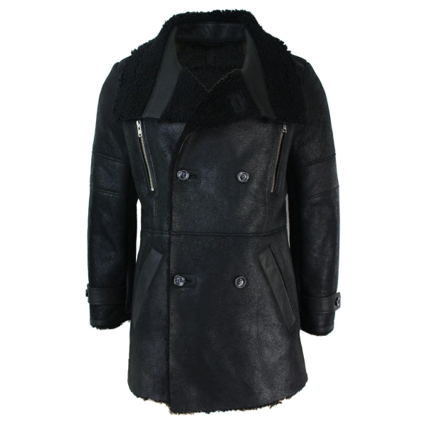 Mens Black 3/4 Military Real Sherling Sheepskin Batman Bane Double Breasted