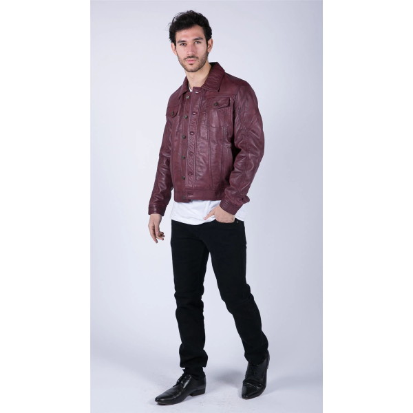 Mens Real Leather Shirt Jacket Burgundy Wine Retro Jeans Style Brando Classic