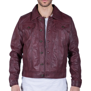 Mens Real Leather Shirt Jacket Burgundy Wine Retro Jeans Style Brando Classic