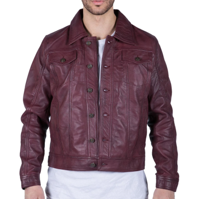 Mens Real Leather Shirt Jacket Burgundy Wine Retro Jeans Style Brando Classic