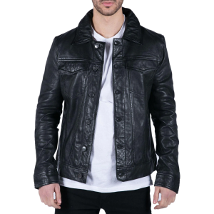 Mens Black real Leather Vintage Soft Jacket Short Jeans Style Classic Stud