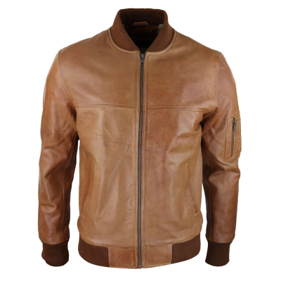 Mens Genuine Leather Bomber Jacket Leather Casual Varsity VIntage Smart Casual Tan