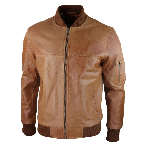 Mens Genuine Leather Bomber Jacket Leather Casual Varsity VIntage Smart Casual Tan