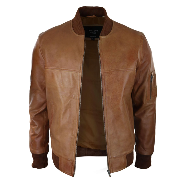 Mens Genuine Leather Bomber Jacket Leather Casual Varsity VIntage Smart Casual Tan