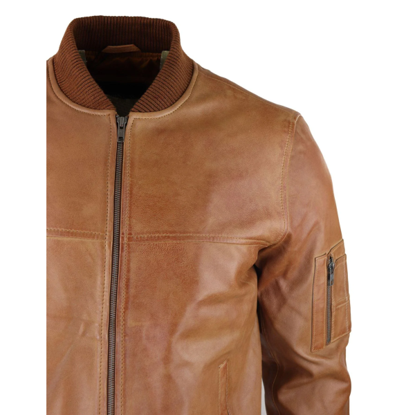 Mens Genuine Leather Bomber Jacket Leather Casual Varsity VIntage Smart Casual Tan