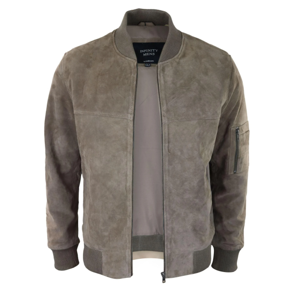 Mens Genuine Suede Bomber Jacket Leather Casual Varsity VIntage Smart Casual Beige