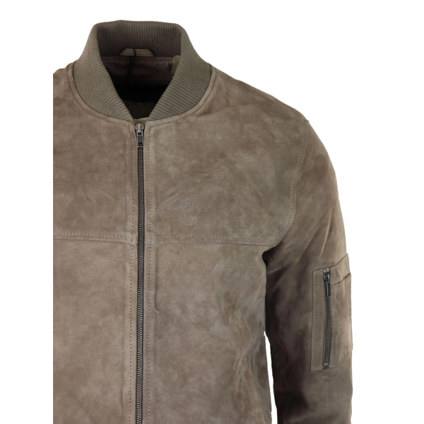 Mens Genuine Suede Bomber Jacket Leather Casual Varsity VIntage Smart Casual Beige