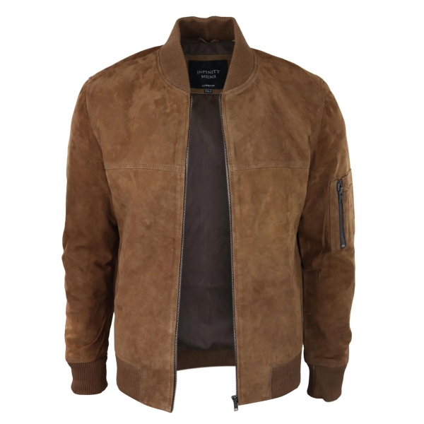 Mens Genuine Suede Bomber Jacket Leather Casual Varsity VIntage Smart Casual Brown