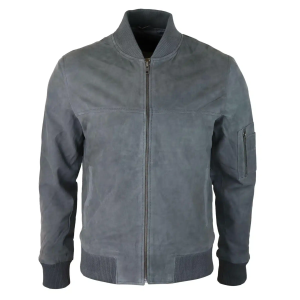 Mens Genuine Suede Bomber Jacket Leather Casual Varsity VIntage Smart Casual Grey