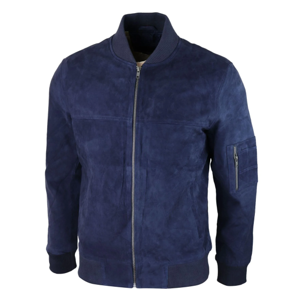 Mens Genuine Suede Bomber Jacket Leather Casual Varsity VIntage Smart Casual Navy