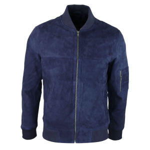 Mens Genuine Suede Bomber Jacket Leather Casual Varsity VIntage Smart Casual Navy