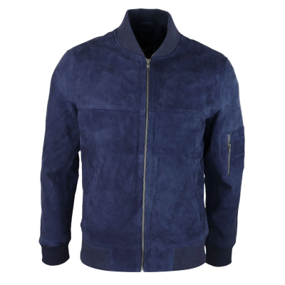 Mens Genuine Suede Bomber Jacket Leather Casual Varsity VIntage Smart Casual Navy