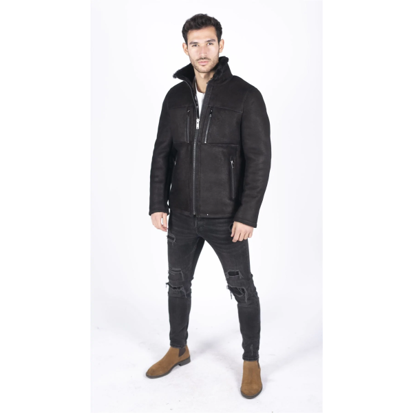 Mens Real Sheepskin Jacket Short Zipped Casual Retro Vintage Black Zipped