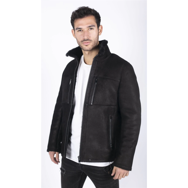 Mens Real Sheepskin Jacket Short Zipped Casual Retro Vintage Black Zipped