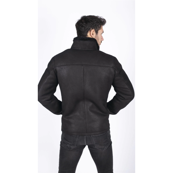 Mens Real Sheepskin Jacket Short Zipped Casual Retro Vintage Black Zipped