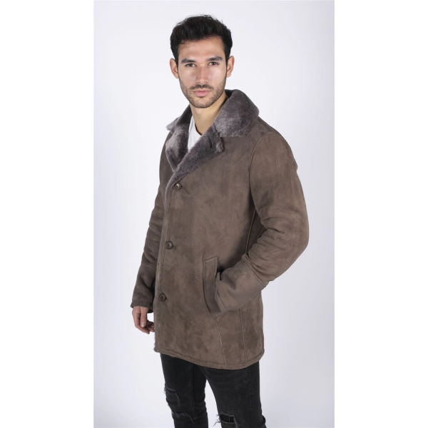 Mens Real Sheepskin Coat Beige Vintage Classic 3/4 Jacket Button Down V Neck