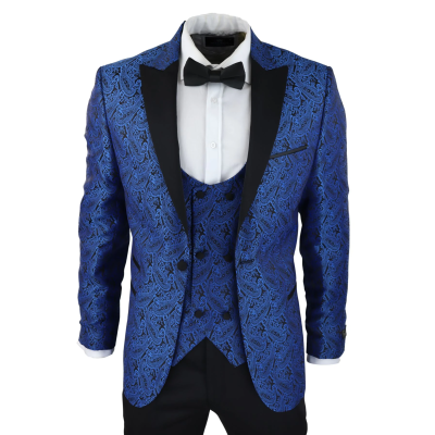 Mens Paisley Tuxedo Blazer And Waistcoat Brocade Dinner Jacket Satin Black Blue - No Trousers