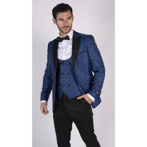 Mens Paisley Tuxedo Blazer And Waistcoat Brocade Dinner Jacket Satin Black Blue - No Trousers