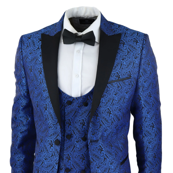 Mens Paisley Tuxedo Blazer And Waistcoat Brocade Dinner Jacket Satin Black Blue - No Trousers