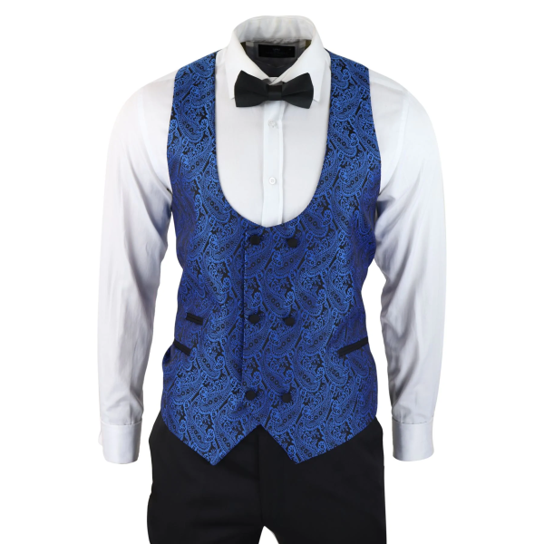 Mens Paisley Tuxedo Blazer And Waistcoat Brocade Dinner Jacket Satin Black Blue - No Trousers