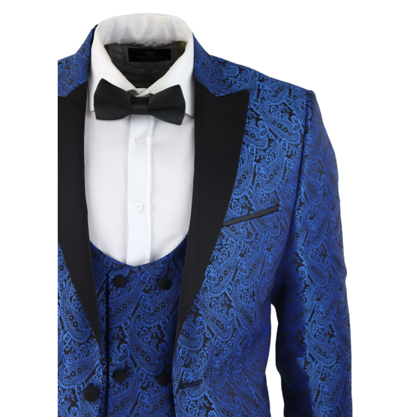 Mens Paisley Tuxedo Blazer And Waistcoat Brocade Dinner Jacket Satin Black Blue - No Trousers