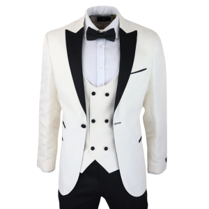 Mens Paisley Tuxedo Blazer And Waistcoat Brocade Dinner Jacket Satin Ivory Black