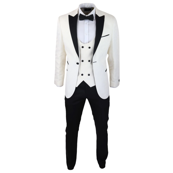 Mens Paisley Tuxedo Blazer And Waistcoat Brocade Dinner Jacket Satin Ivory Black