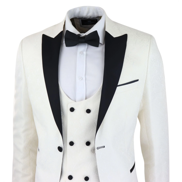 Mens Paisley Tuxedo Blazer And Waistcoat Brocade Dinner Jacket Satin Ivory Black