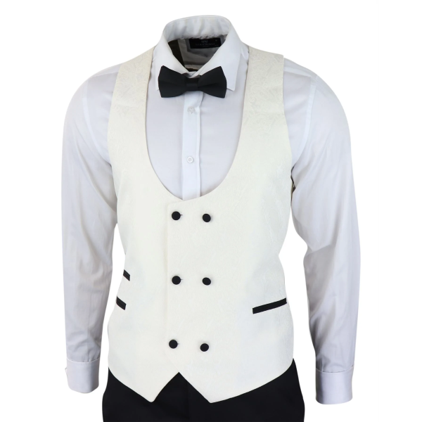 Mens Paisley Tuxedo Blazer And Waistcoat Brocade Dinner Jacket Satin Ivory Black