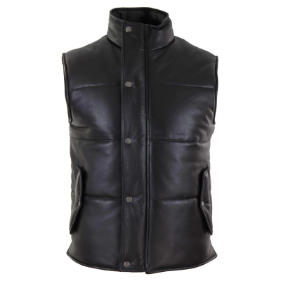 Mens Real Leather Waistcoat Gilet Quilted Puffer Design Warm Zip Casual Black