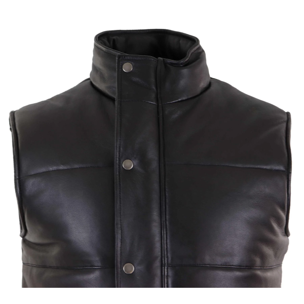 Mens Real Leather Waistcoat Gilet Quilted Puffer Design Warm Zip Casual Black