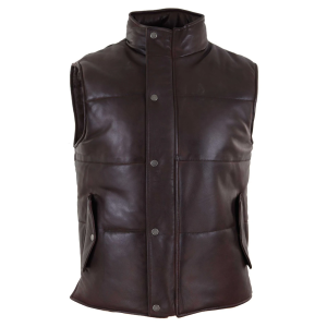 Mens Real Leather Waistcoat Gilet Quilted Puffer Design Warm Zip Casual Brown